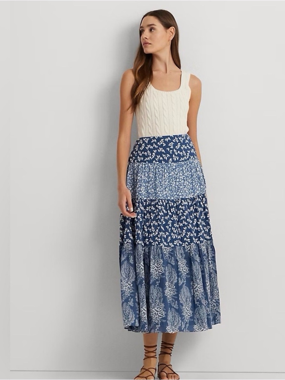 Ralph Lauren Blue Multi-Print Tiered Maxi Skirt